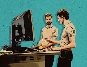 Zwei Auszubildende Technische Produktdesigner arbeiten an einen Bildschirm