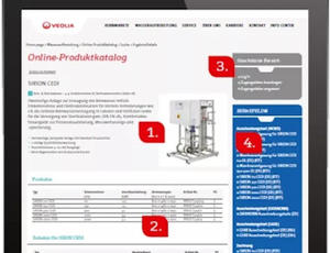 Eine Seite im Online-Produktkatalog von Veolia Water Technologies