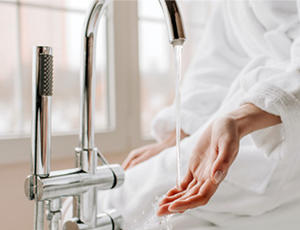 Frau lässt Wasser in eine Wanne ein